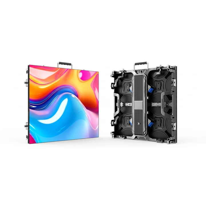 Two large LED display panels shown front and back; colorful screen on the left, modular back with cooling and connectors on the right.
