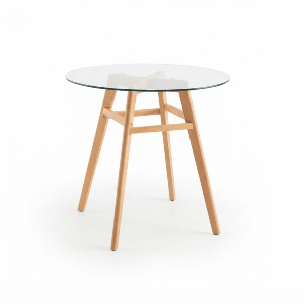 mesa paipa - Alquila Muebles Eventos Round glass-topped side table with light wooden angled legs and cross supports, modern style