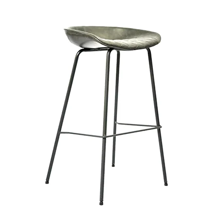 Bar stool with a cushioned gray seat, four slender metal legs, and a footrest.